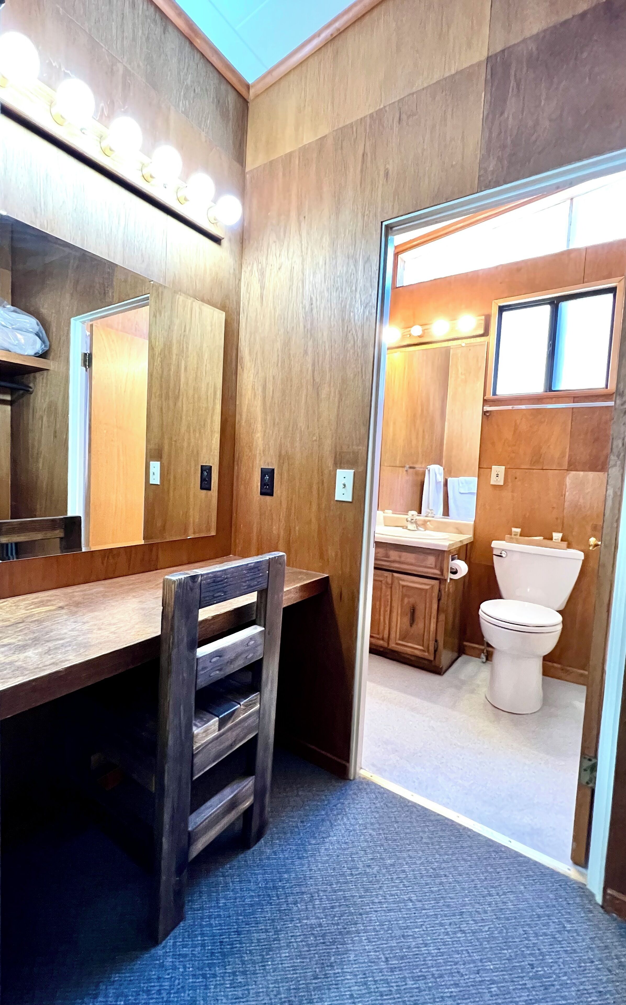 A bathroom with wooden walls, a vanity with a mirror, and a toilet.