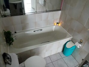 Bathtub, hair dryer, towels, toilet paper
