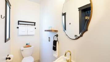 A bathroom with a toilet, sink, and mirror.