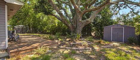 A backyard with a large tree, a patio with chairs, a shed, and a house.