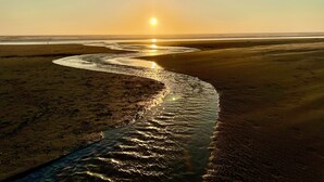 Een strand met een kronkelende waterstroom die de zonsondergang weerspiegelt.