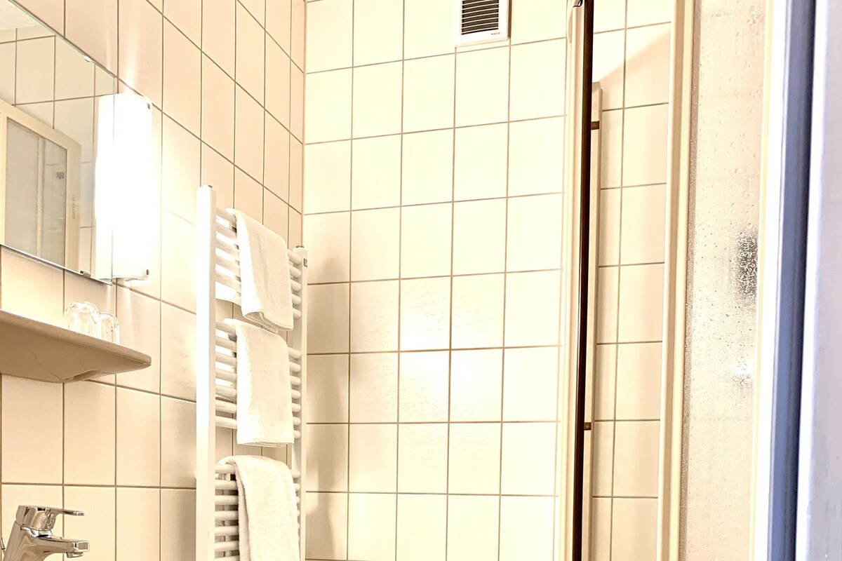 Ducha, secador de pelo, pantuflas, toallas