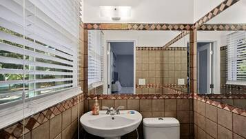 Combined shower/tub, hair dryer, towels, soap