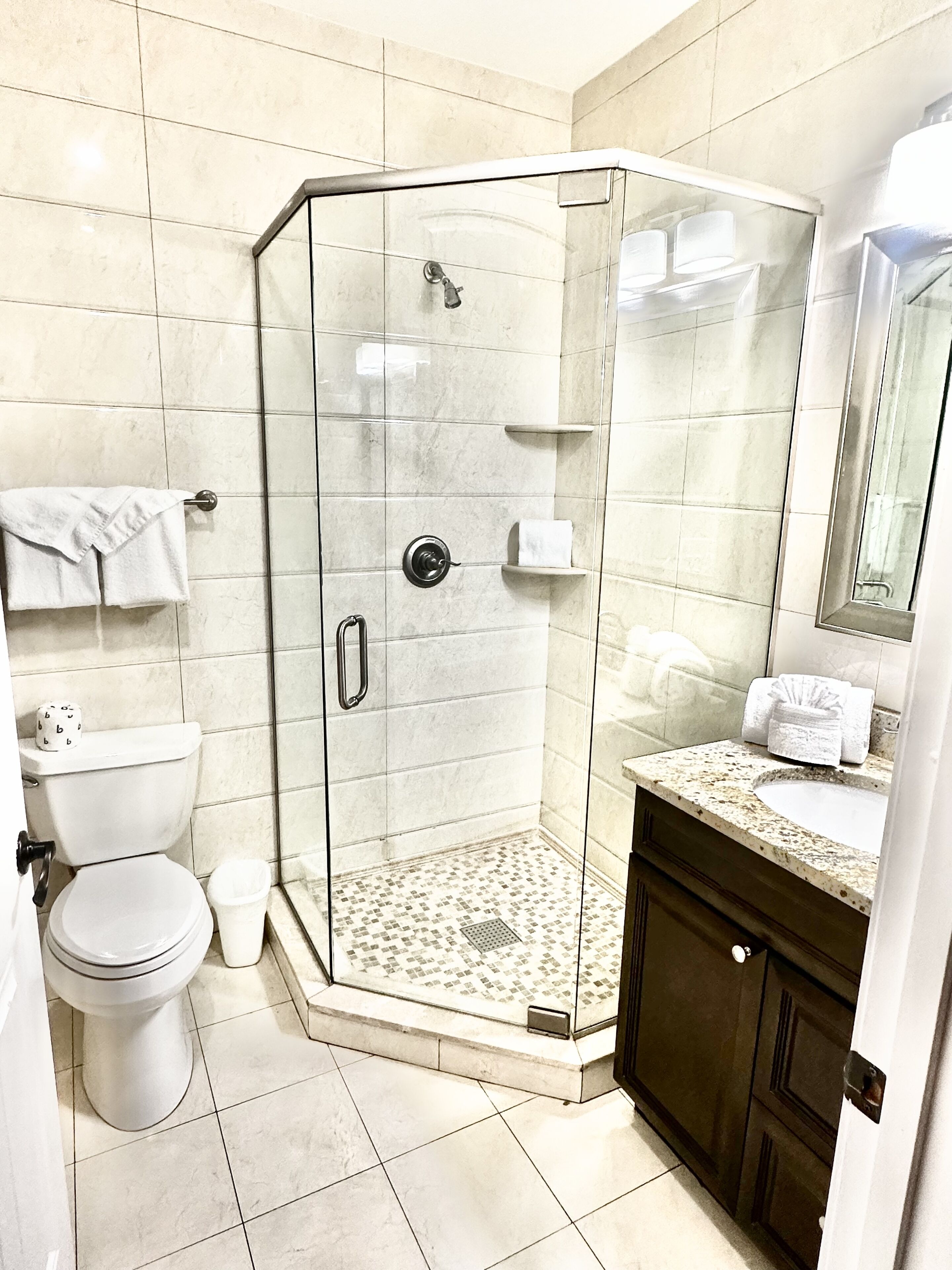 Un baño moderno con ducha de vidrio, inodoro y lavamanos con tocador.
