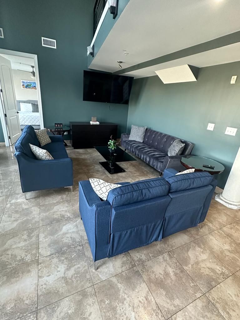 A modern living room with a blue sofa, a grey sofa, and a coffee table. There is a flat-screen TV mounted on the wall, a small table with a plant, and a door leading to another room.