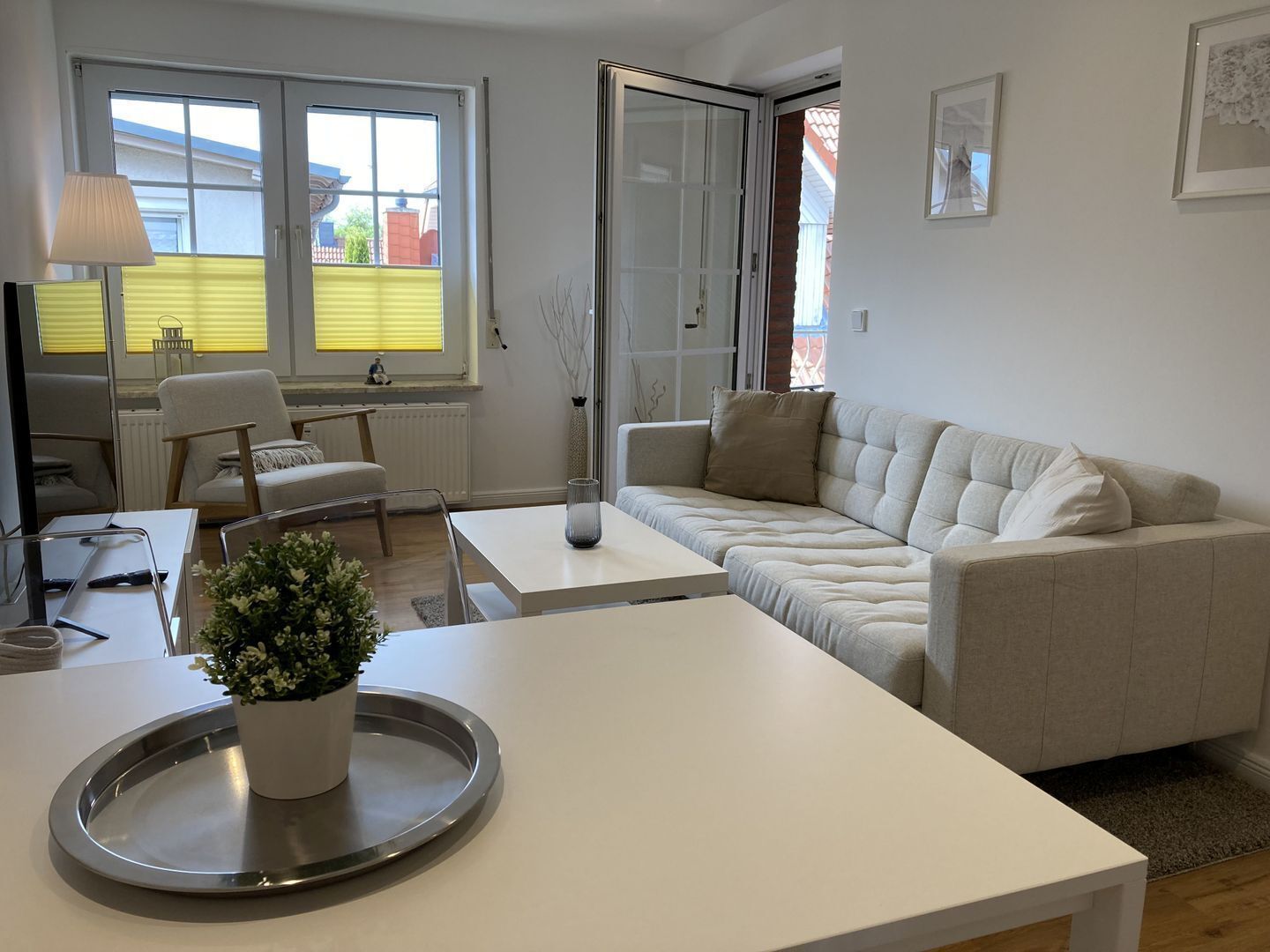A modern living room with a sofa, a dining table, and a potted plant.