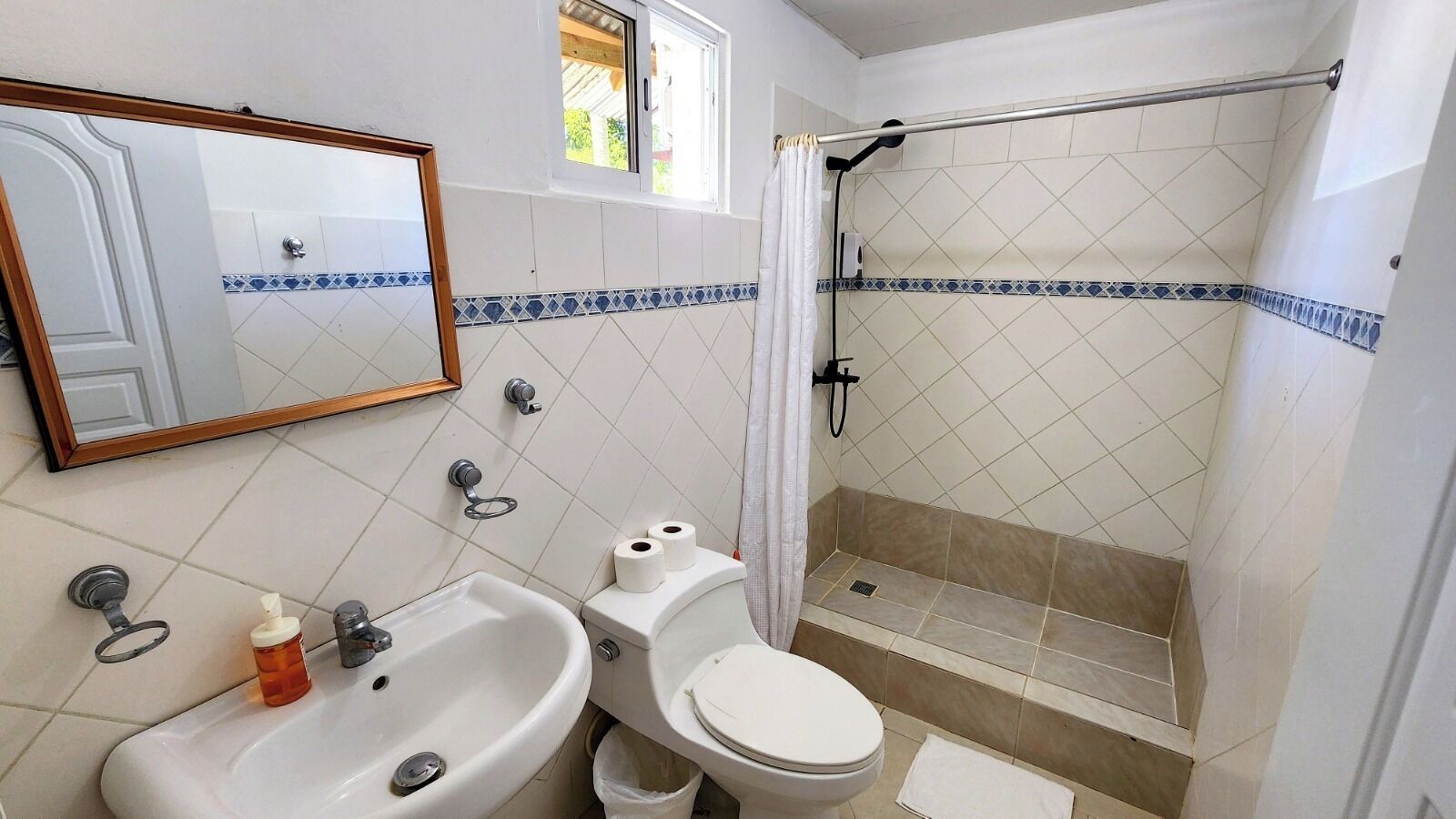 Ein Badezimmer mit Waschbecken, Toilette und Dusche.
