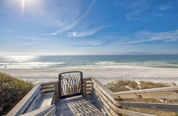 On the beach, sun-loungers, beach towels