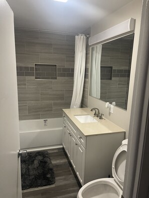 Bathtub, towels, toilet paper