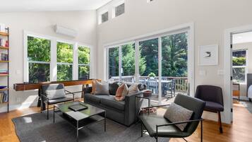 TV, fireplace, books, printers