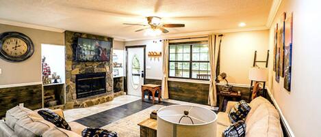 Smart TV, fireplace, video games, DVD player