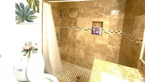 Une salle de bain avec une douche, des toilettes et un lavabo.