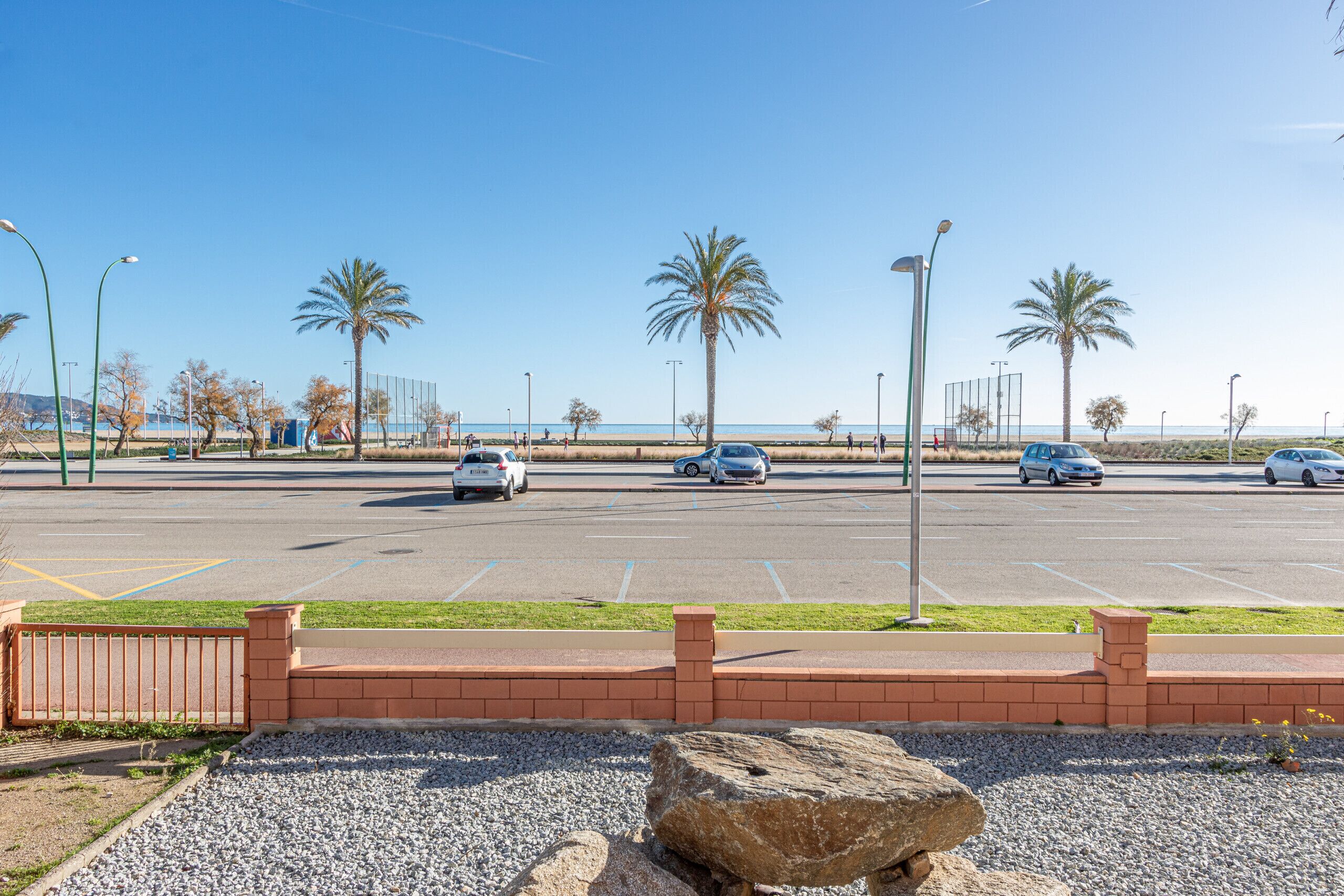 A parking lot with cars, palm trees, and a clear blue sky.