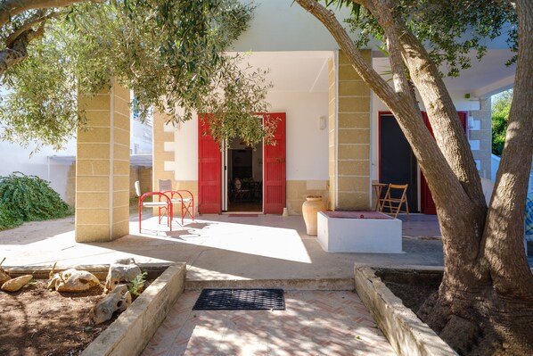 An outdoor area with a building entrance, red shutters, a tree, and a planter with rocks.
