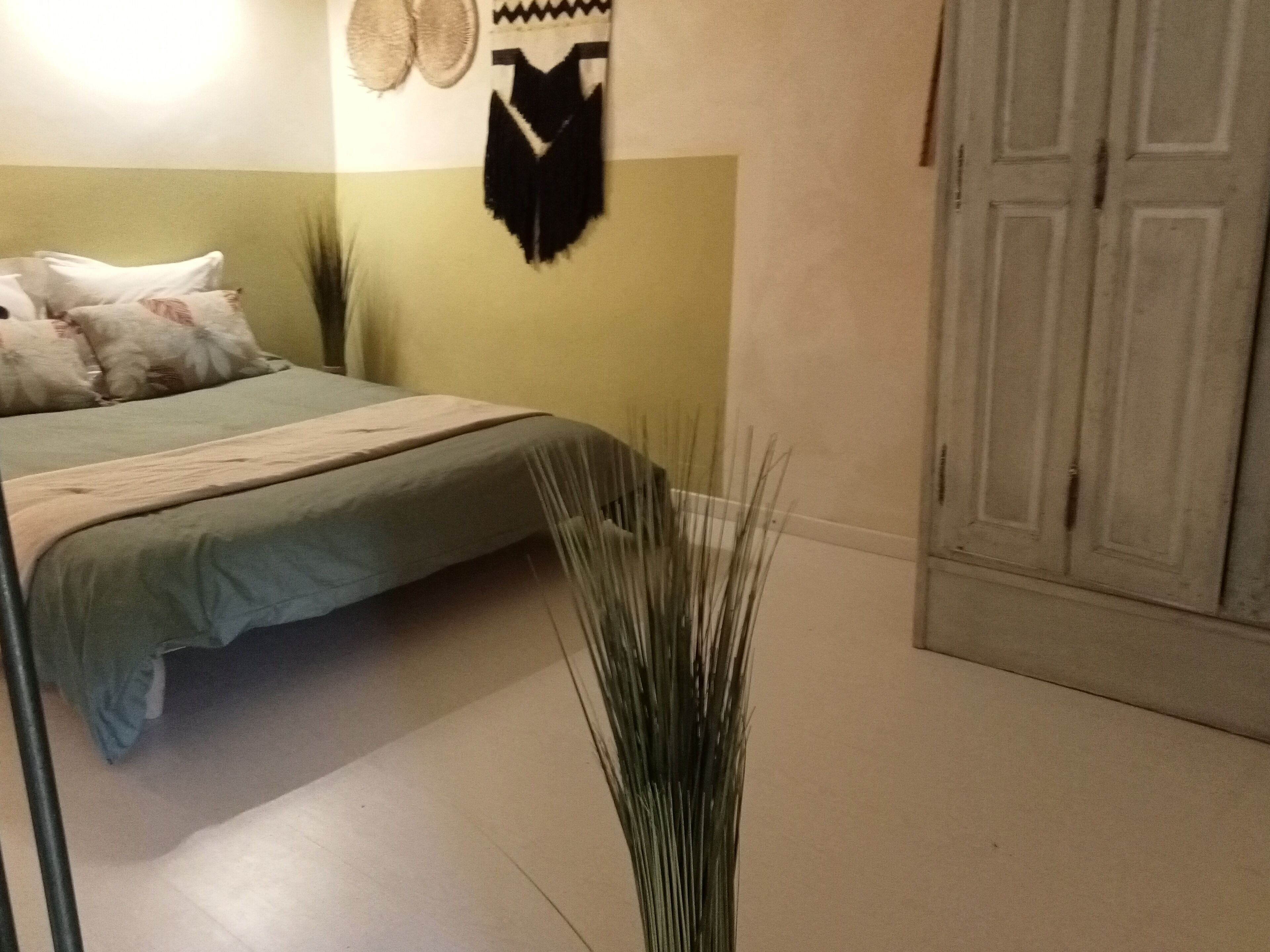 Een slaapkamer met een bed, kussens, een kamerplantje, een wanddecoratie en een kledingkast.