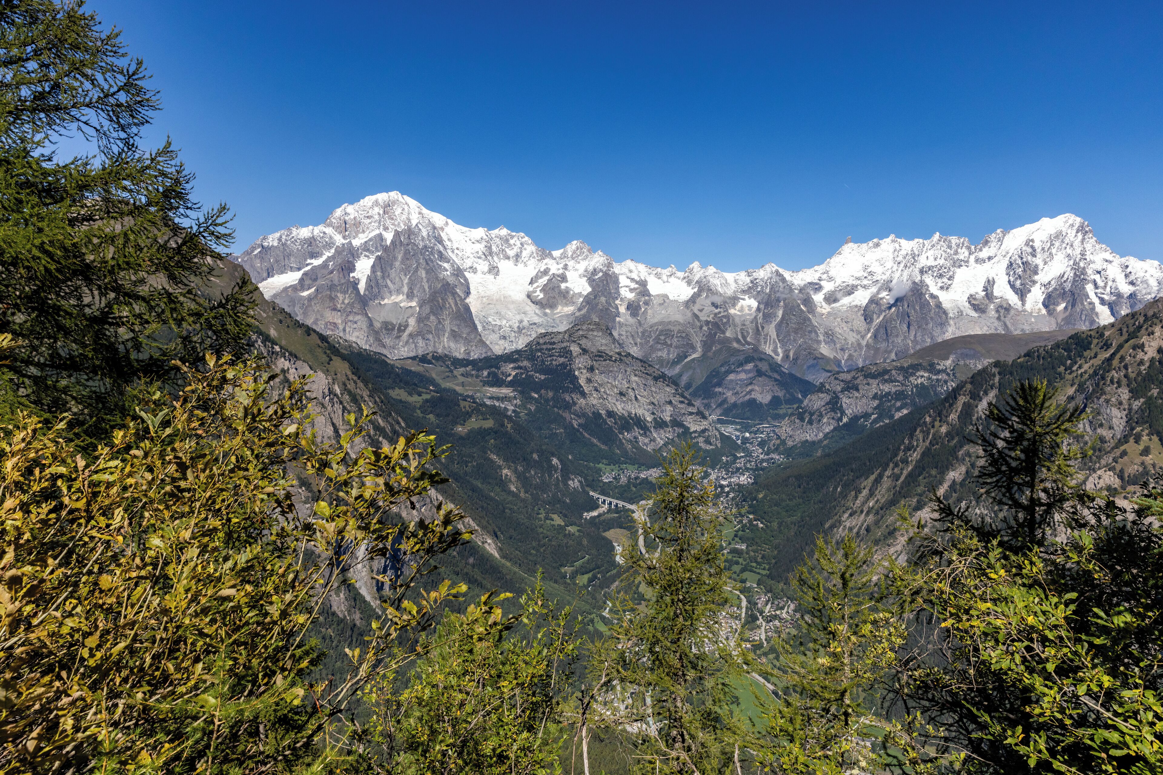 A mountainous landscape with snow-capped peaks, dense forest, and a valley.