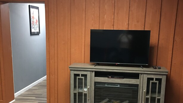 Une pièce dotée d’un téléviseur à écran plat posé sur un meuble, d’une cheminée et d’un plancher en bois.