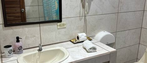 Un baño con lavamanos, espejo, inodoro y secador de pelo en la pared.