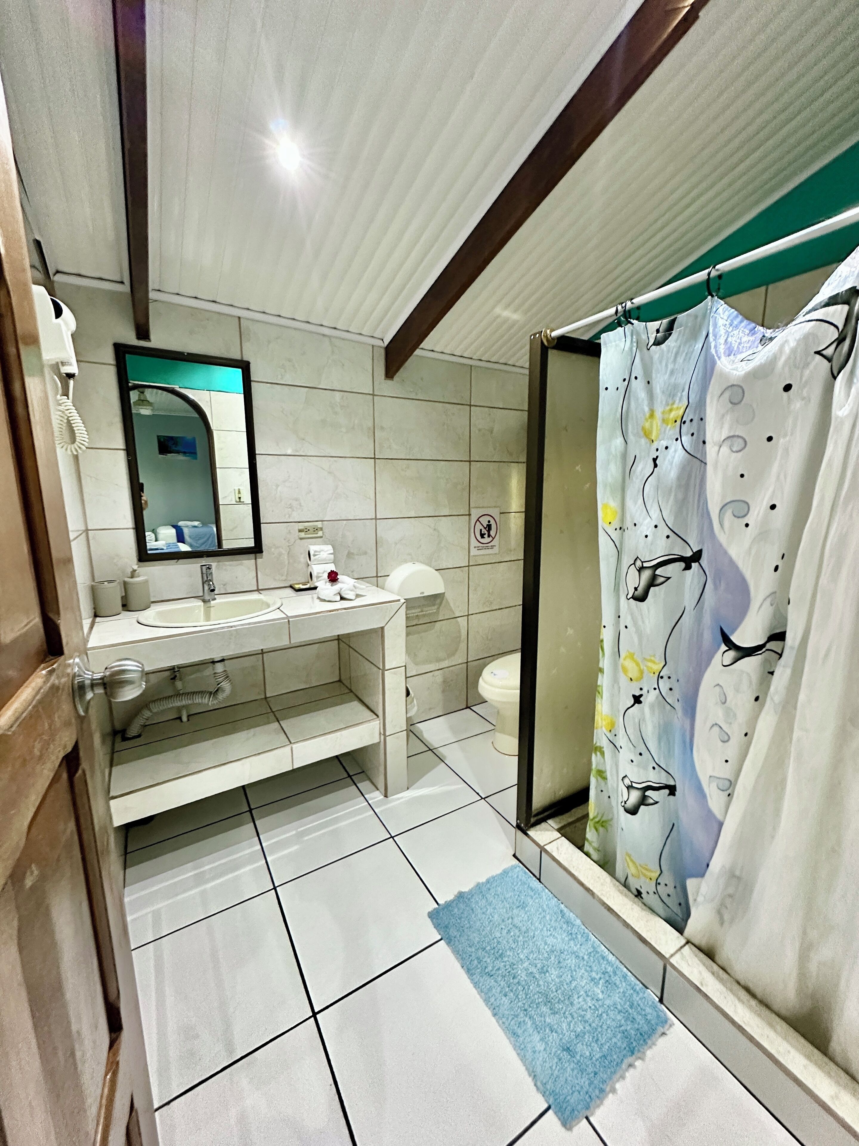 A bathroom with a sink, mirror, toilet, and shower curtain.