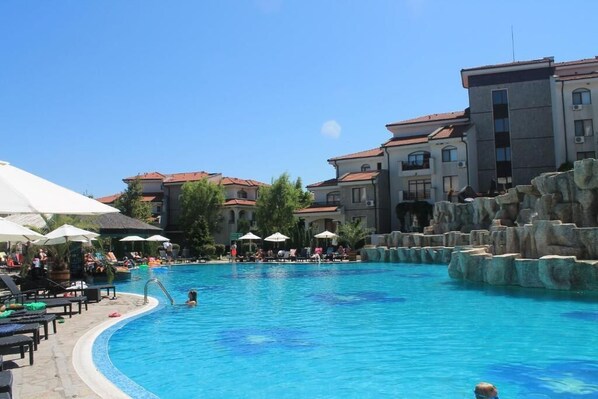 Seasonal outdoor pool, pool umbrellas, pool loungers