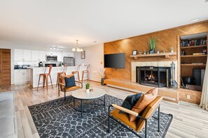 Smart TV, fireplace, books