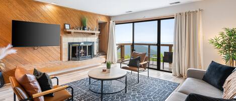 Smart TV, fireplace, books