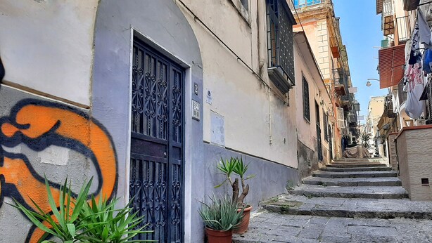 Une rue étroite bordée d’un immeuble dont la façade est ornée d’un portail noir, de plantes en pot et d’une fresque murale.
