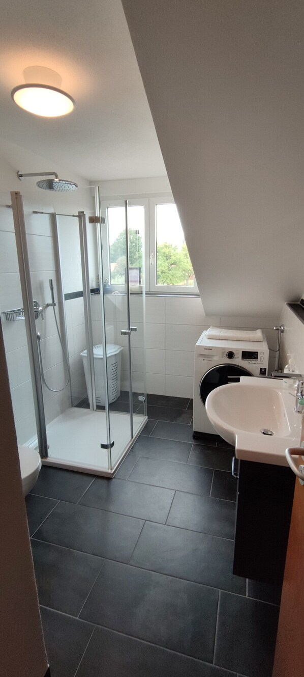 Douche, séchoir à cheveux, savon, papier de toilette