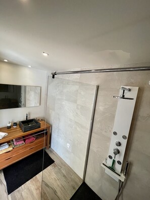 Combined shower/bathtub, hair dryer, towels, toilet paper