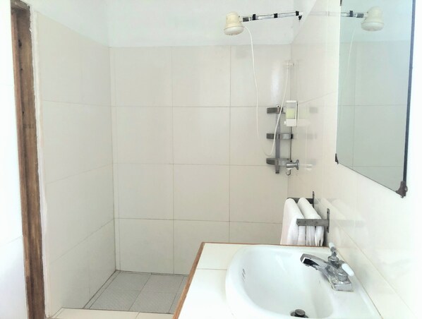 Een kleine, schone badkamer met een wit wastafel, een spiegel en een douche.