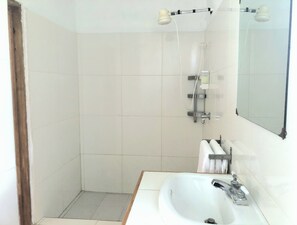 Shower, towels, soap, toilet paper