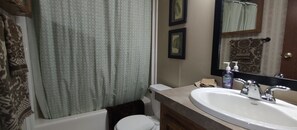 Combined shower/bathtub, hair dryer, towels, soap
