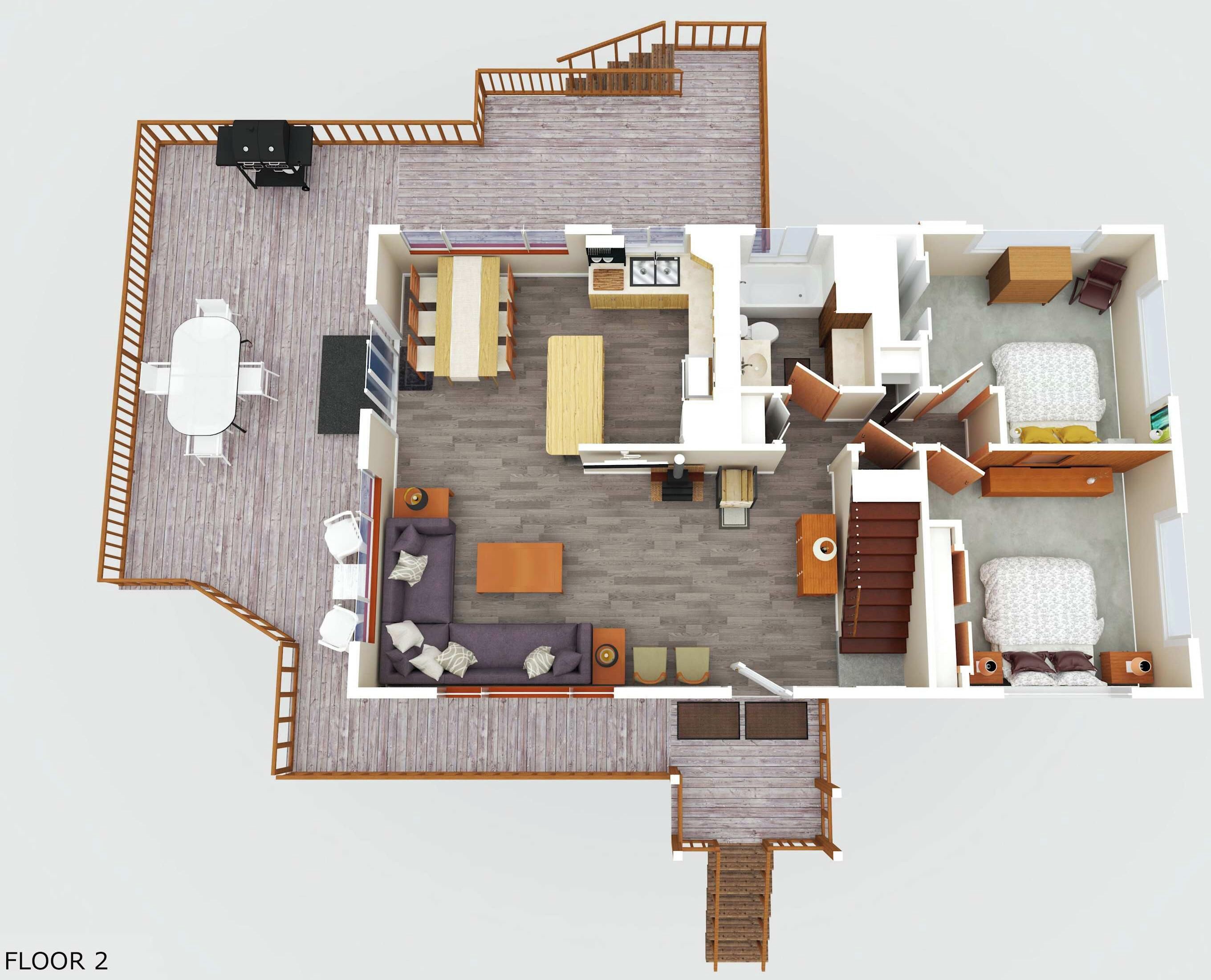 Un appartement situé au deuxième étage, comprenant un espace repas, une cuisine, un salon et un escalier.