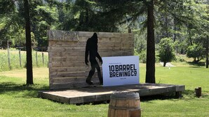 Une scène en bois, ornée d’une enseigne indiquant « 10 Barrel Brewing Co. », située à Bend, dans l’Oregon, et aménagée dans un parc verdoyant avec des arbres.