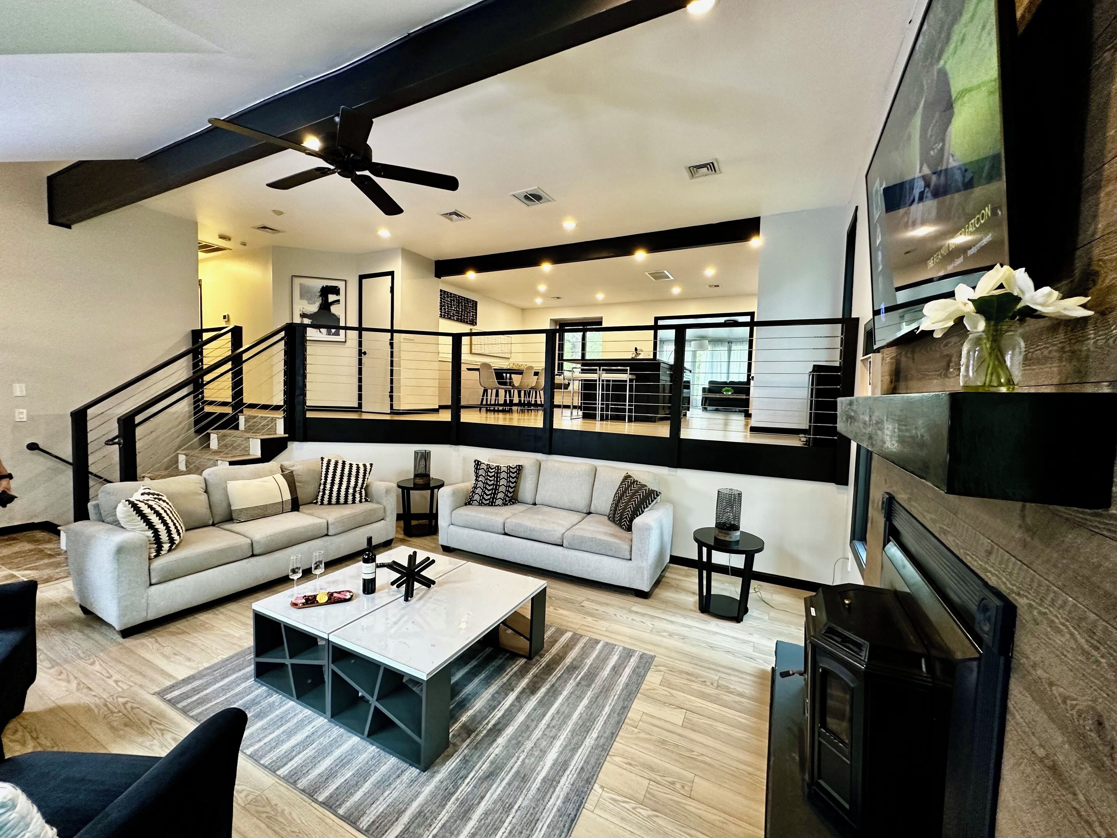 TV, fireplace, video-game console, table tennis