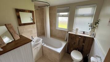 Combined shower/tub, hair dryer, towels, toilet paper