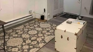 A room with a flat-screen TV displaying 'NETFLIX', a wall clock, a white door, and a patterned rug. - Cozy 1BR Cottage Near Lake, Trails & City Access (Kenmore)