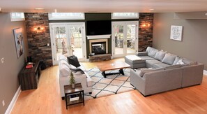 Smart TV, fireplace, computer monitors