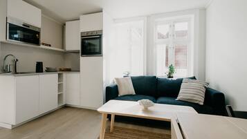 Premier Apartment | Private kitchen | Fridge, electric kettle, cookware/dishes/utensils