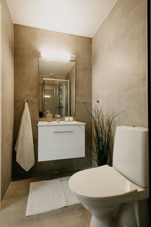 A modern bathroom with a white vanity, a toilet, and a mirror.