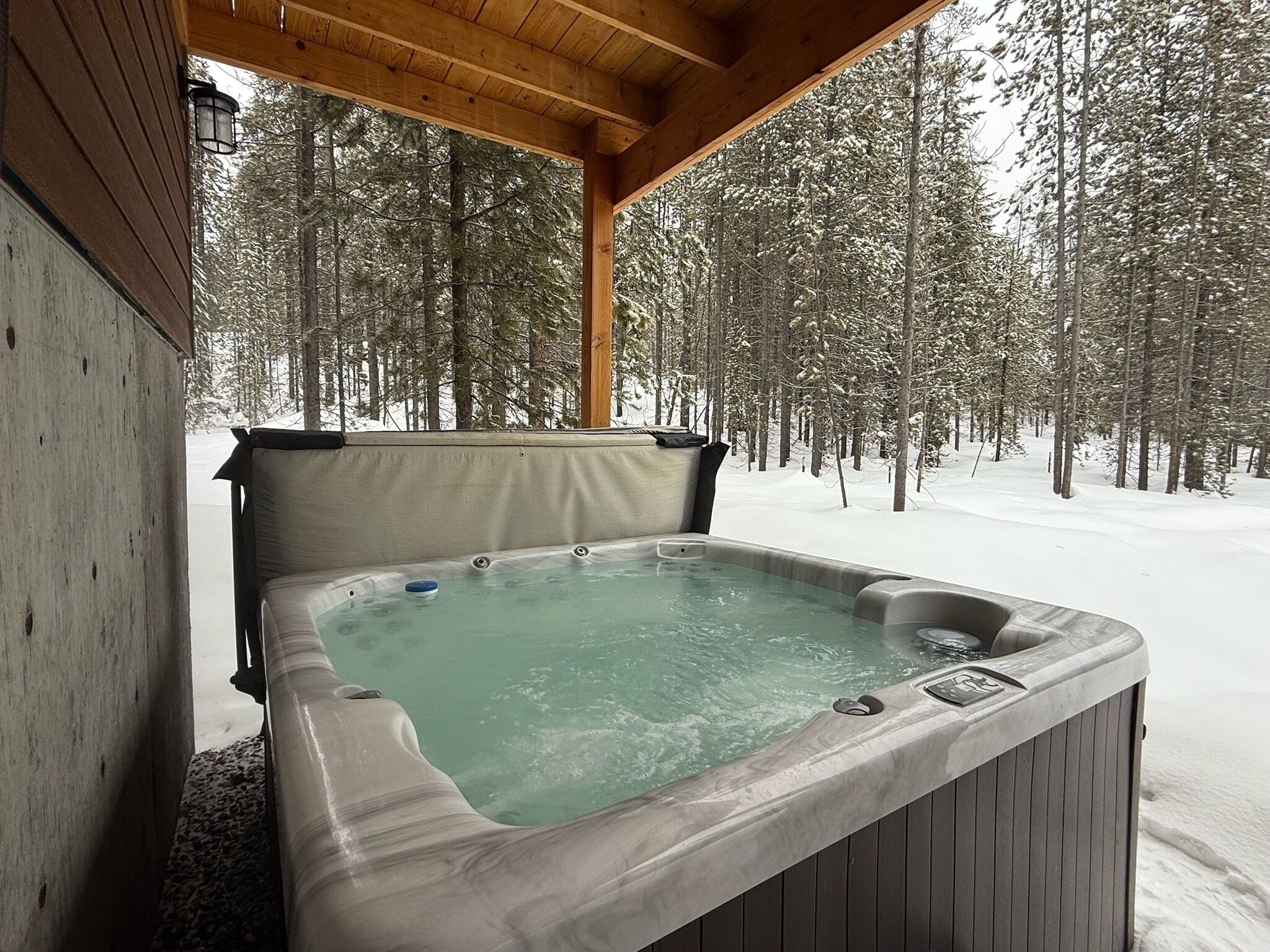 A hot tub in a wooden cabin with a snowy forest backdrop.