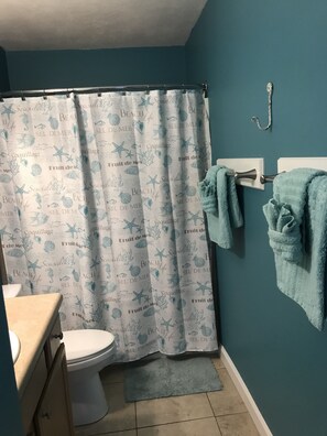 Duschwanne, Haartrockner, Handtücher, Toilettenpapier