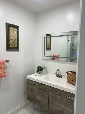 Bathtub, hair dryer, towels, soap