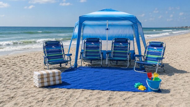 A beach umbrella with four beach chairs, a blue mat, a stack of towels, and a bucket with toys on a sandy beach.