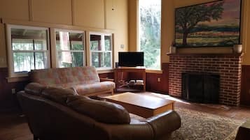 TV connectée, cheminée, livres