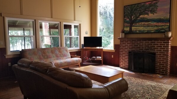 Smart TV, fireplace, books