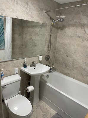 Combined shower/bathtub, hair dryer, towels, soap
