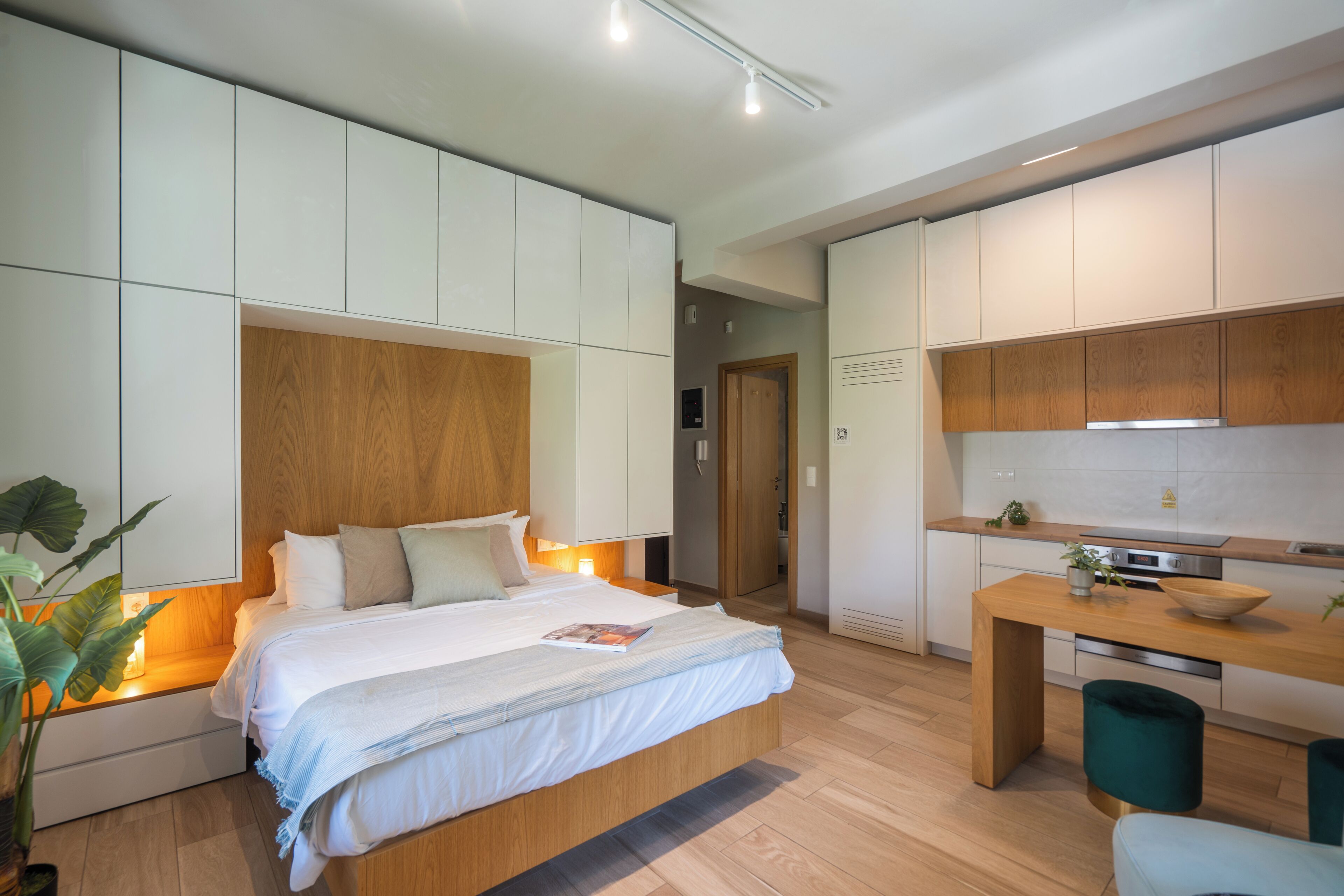 A modern bedroom with a large bed, bedside tables, a bedside plant, and a view into the adjacent kitchen area.