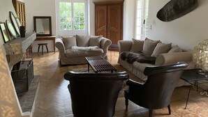 A spacious living room with two sofas, a coffee table, and a fireplace. - Family home, its park and streams, on the route des Châteaux (Huisseau-sur-Mauves)