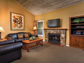 Smart TV, fireplace, video games, DVD player